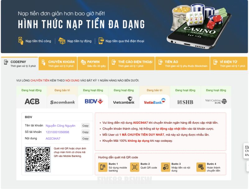 Nạp tiền Five88 qua ngân hàng