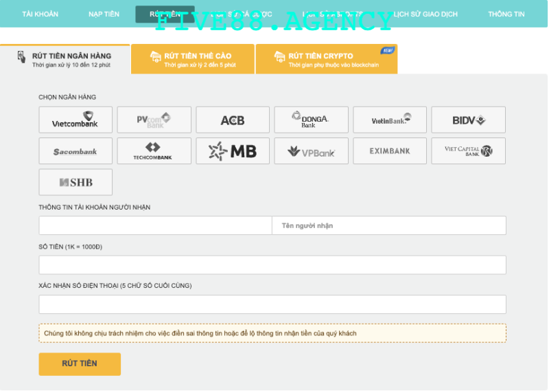 Hướng dẫn rút tiền Five88