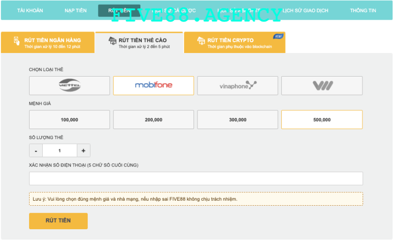 Rút tiền Five88 qua card điện thoại